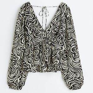 H&M Black and White Balloon-Sleeved Peplum Chiffon Blouse Small |‎ NWT